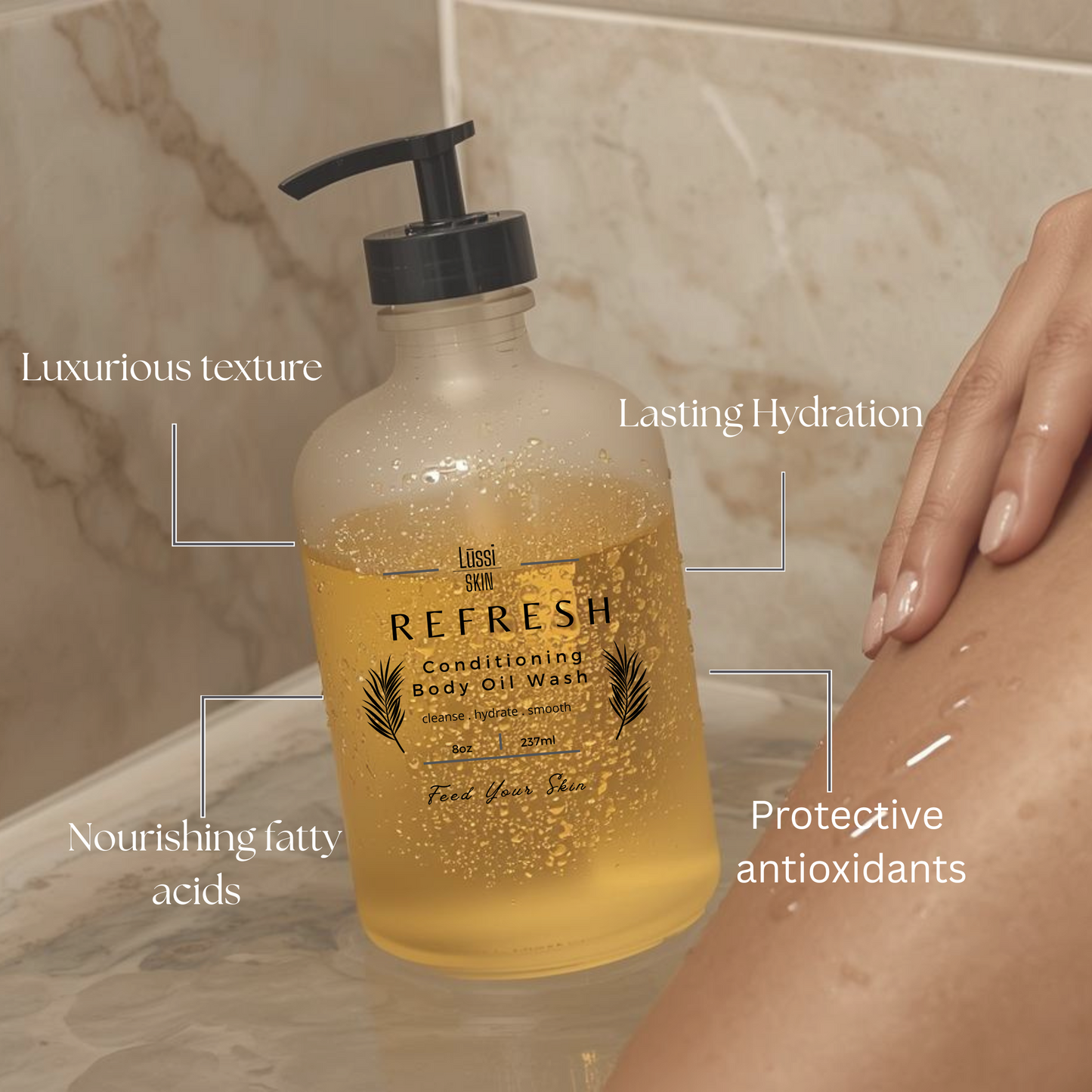 Bottle of Refresh body wash with a hand on wet skin on a marble surface. Text about luxurious texture, lasting hydration, nourishing fatty acids and protective antioxidants.