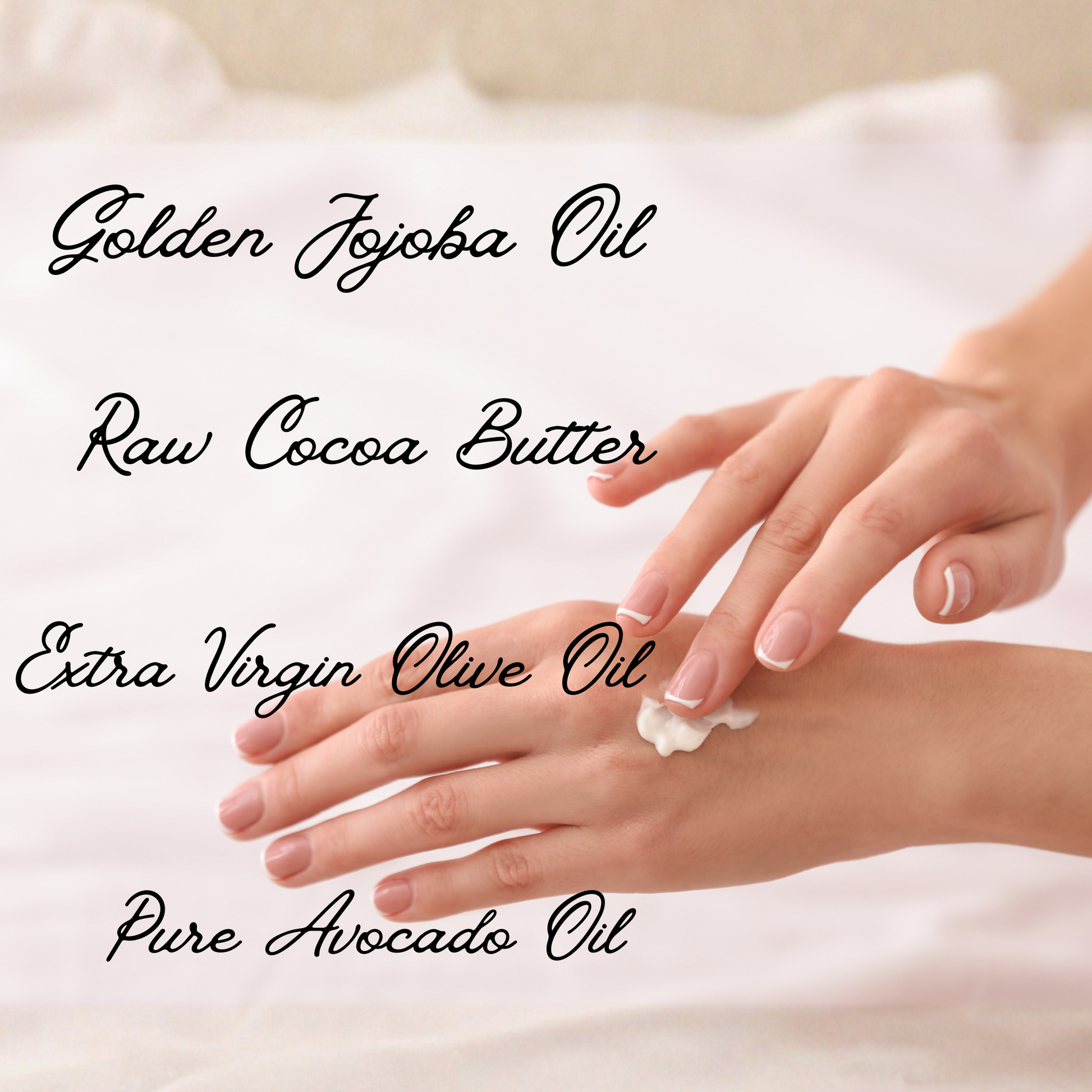 Hand applying cream with ingredients listed on a white background