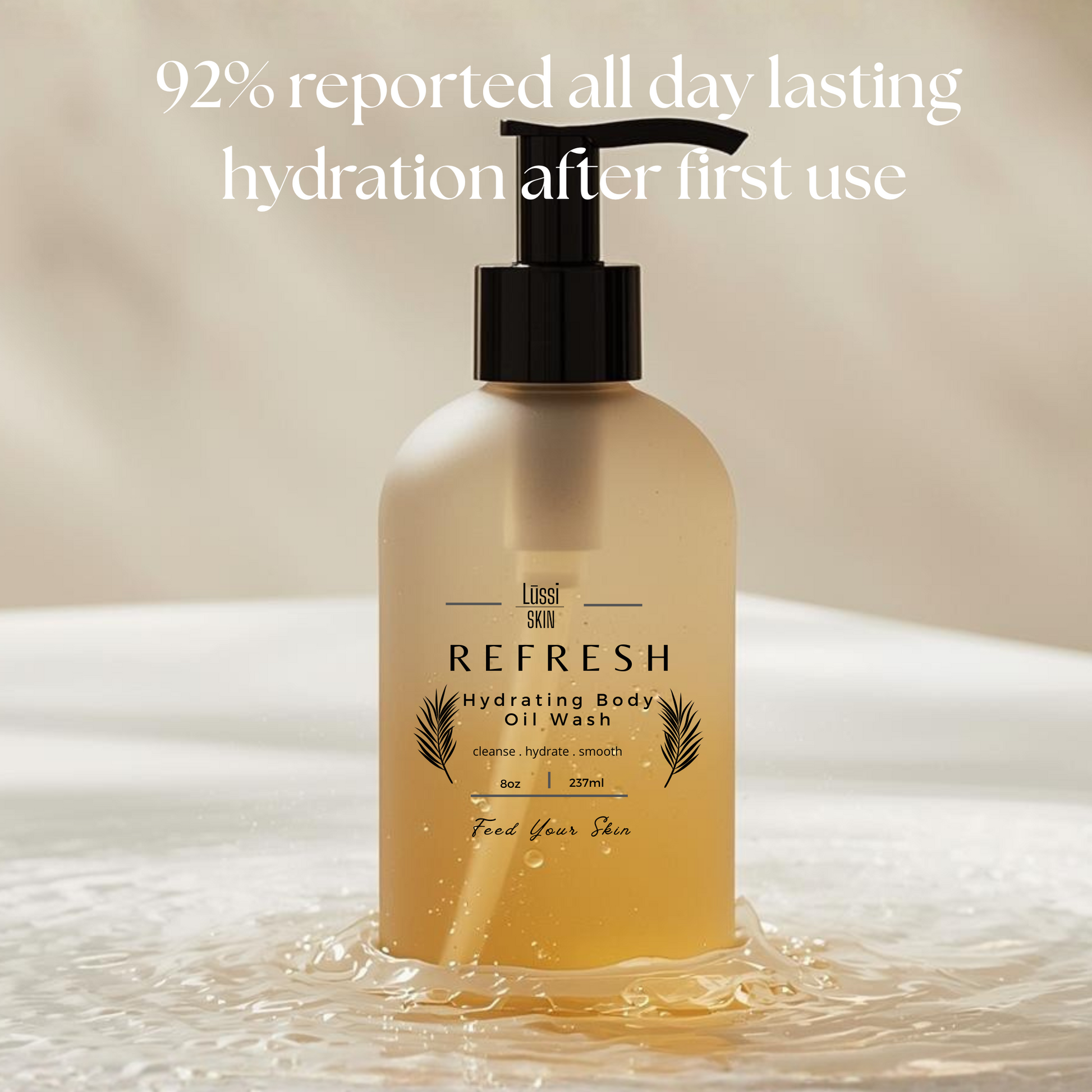 Body wash bottle labeled 'Refresh' with text about hydration on a beige background