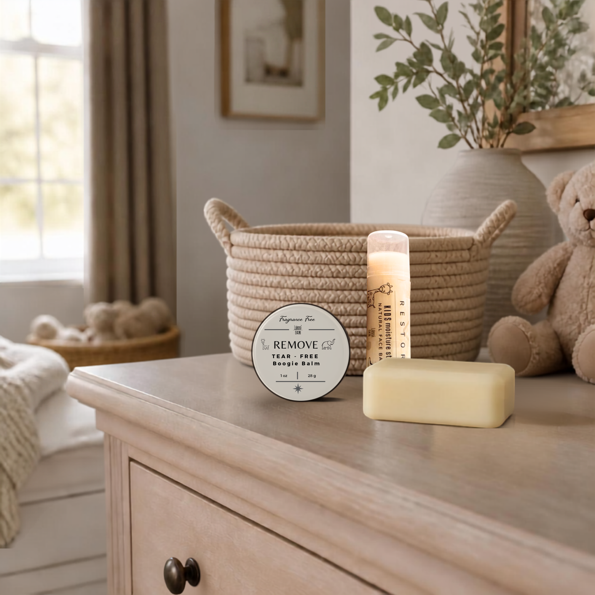 Tear Free Boogie Balm, Kid's Hydration Skick and Gentle cleansing soap bar.