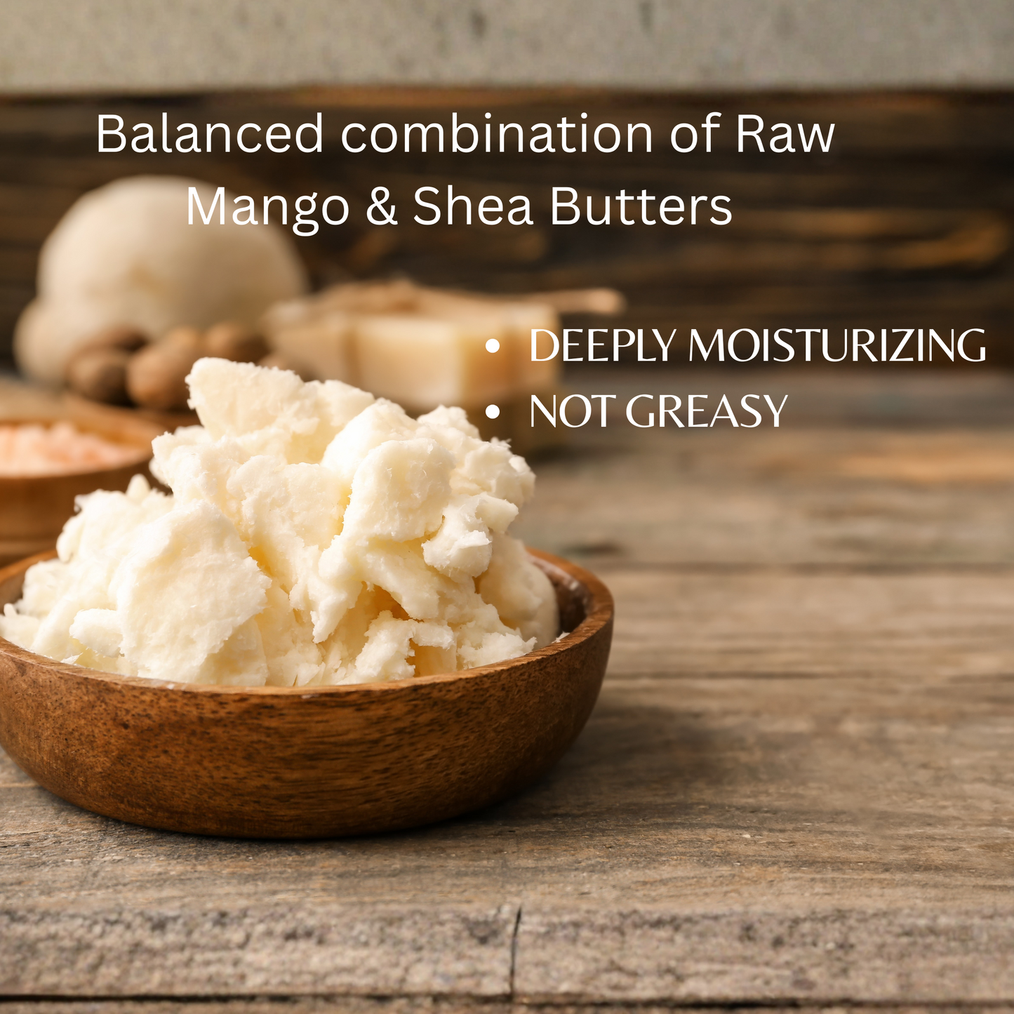 Shea butter in a wooden bowl on a wooden surface with text about its properties.