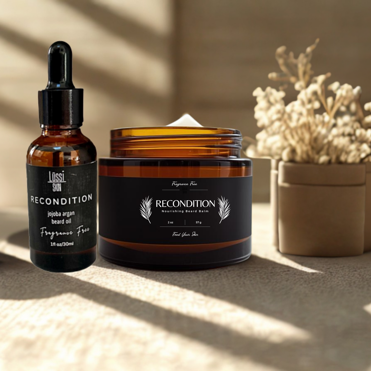 Skincare products including a dropper bottle and jar labeled 'Recondition' on a neutral background.