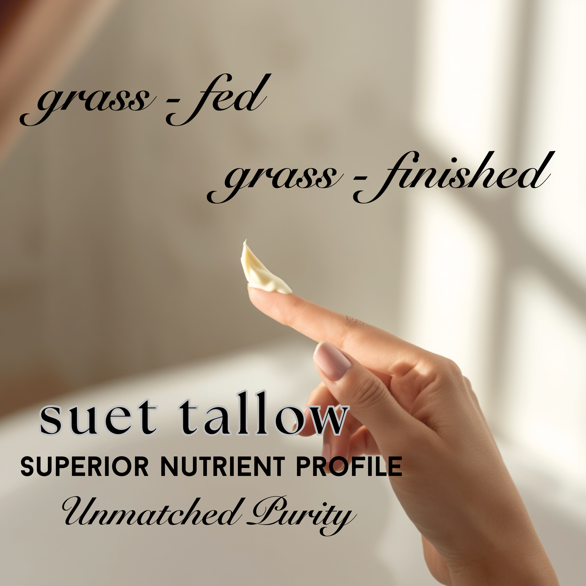 Hand holding a small piece of suet tallow with text about grass-fed and grass-finished products. Unmatched purity.