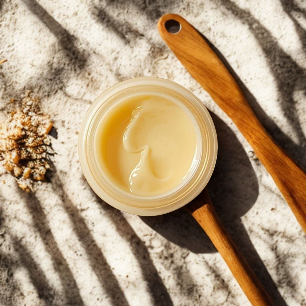 Wooden spoon with a small container of hydrating tallow skin balm.