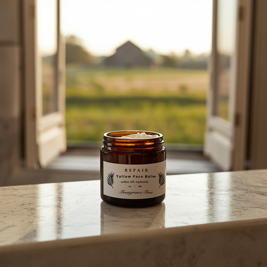 Jar of pure tallow face balm on a marble surface with a scenic background