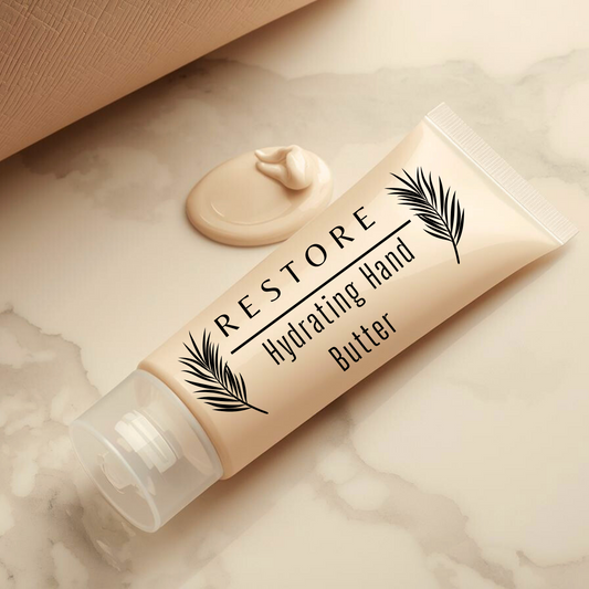 Tube of 'Restore Hydrating Hand Butter' on a marble surface
