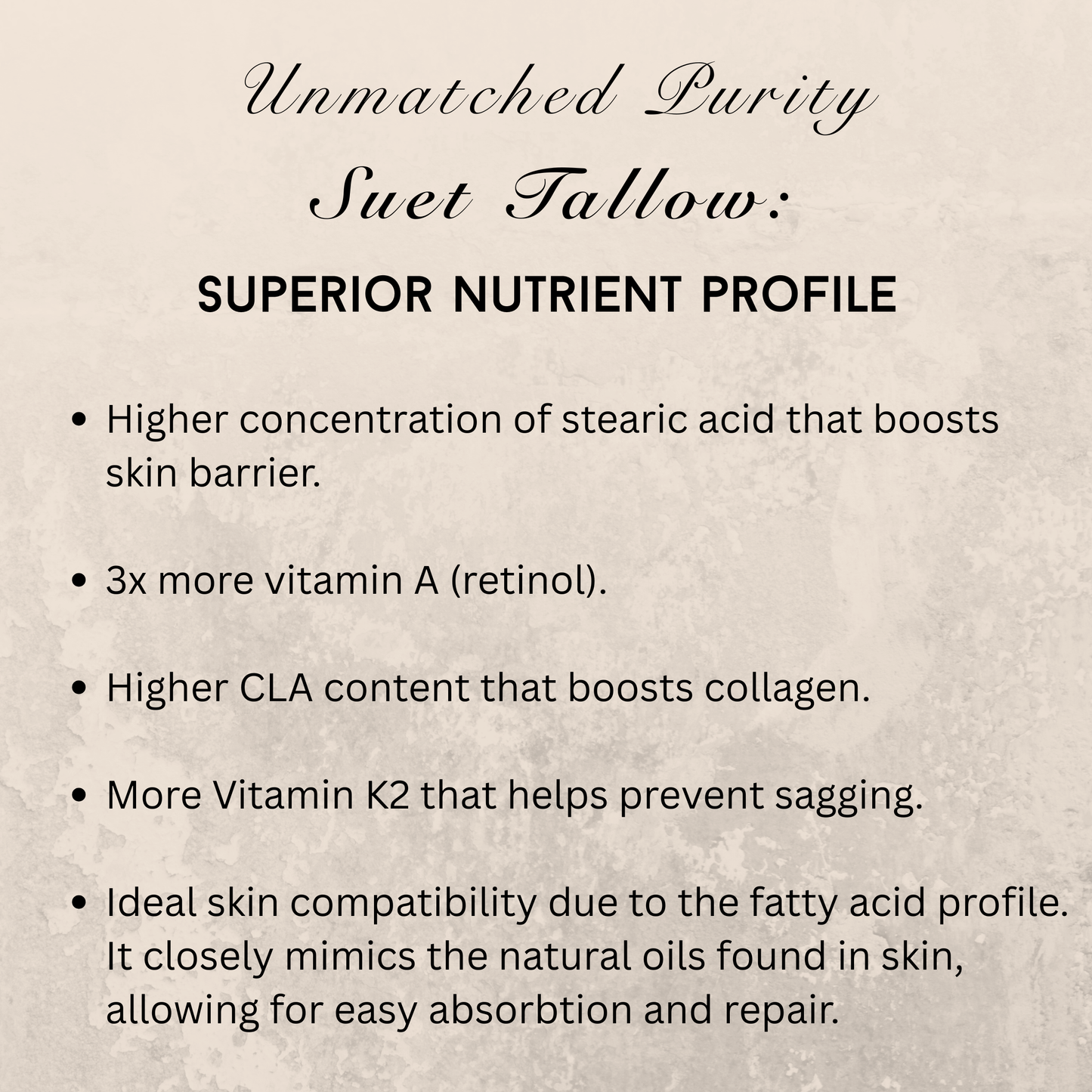 Text describing the superior nutrient profile of Unmatched Purity Suet Tallow on a beige background.