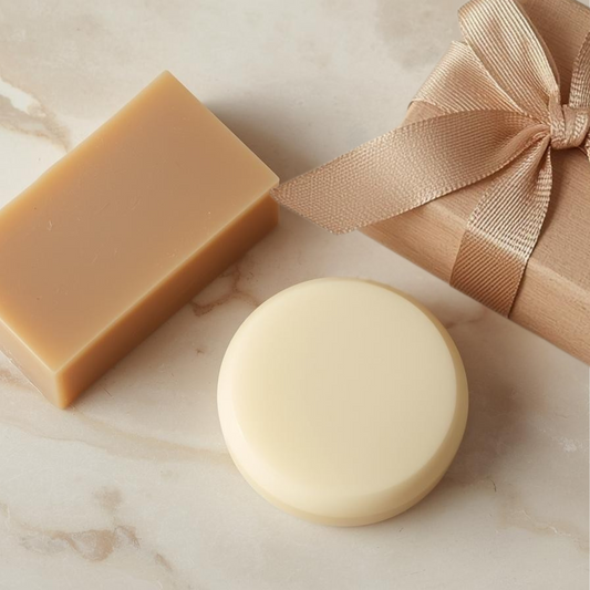 Two bars of soap and a wrapped gift on a marble surface