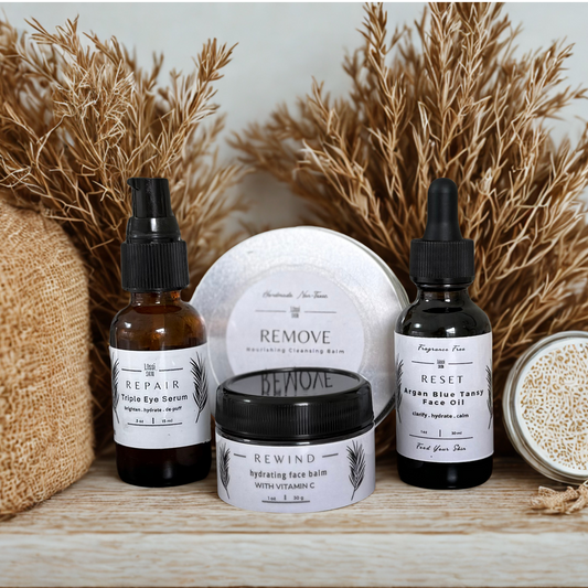 Skincare products on a wooden surface with decorative elements