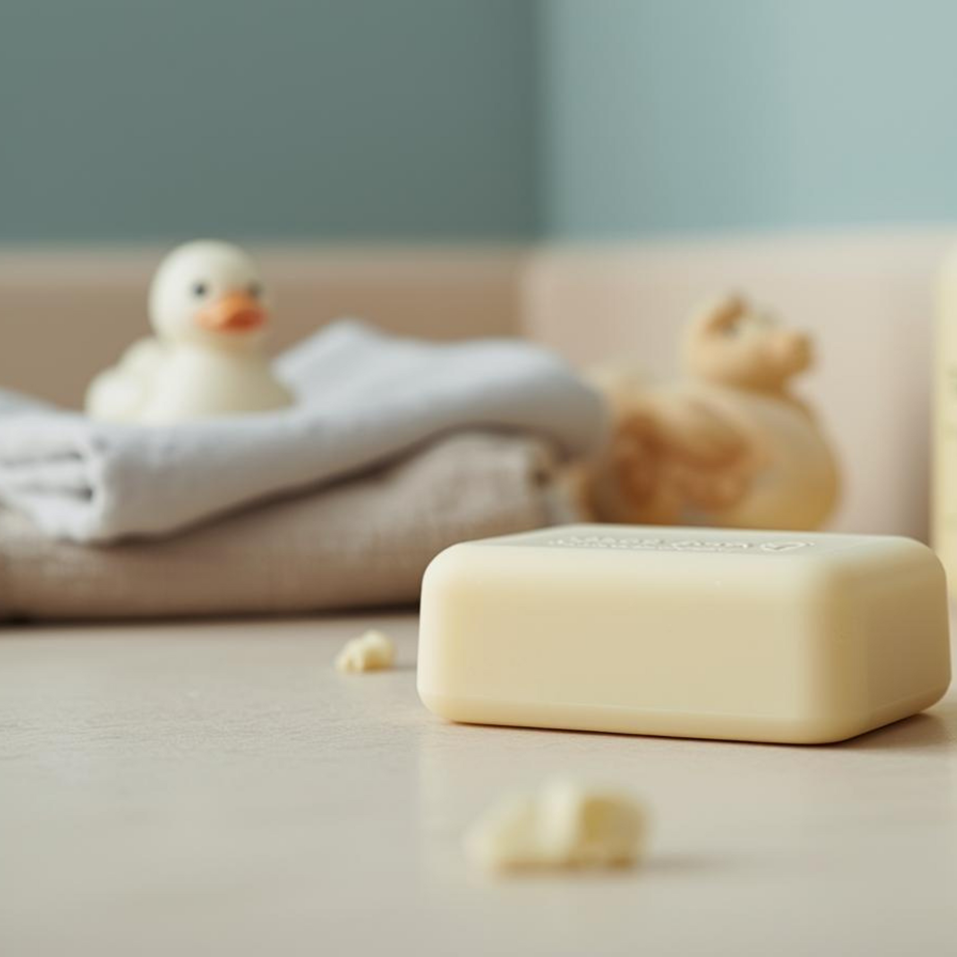 Bar of soap, bottle of liquid soap, and rubber duck on a light surface with a neutral background