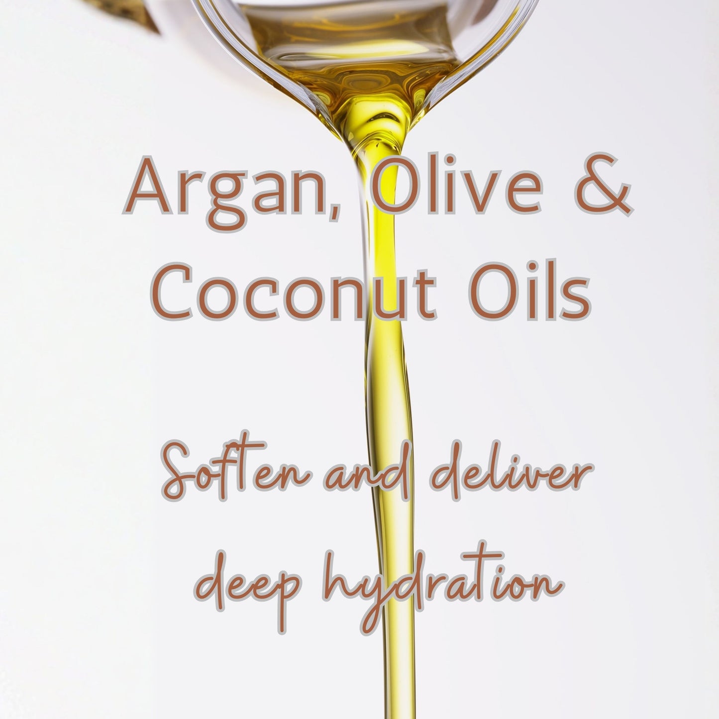 Glass bottle of oil with text about argan, olive, and coconut oils. Ingredients that soften and deliver deep hydration.