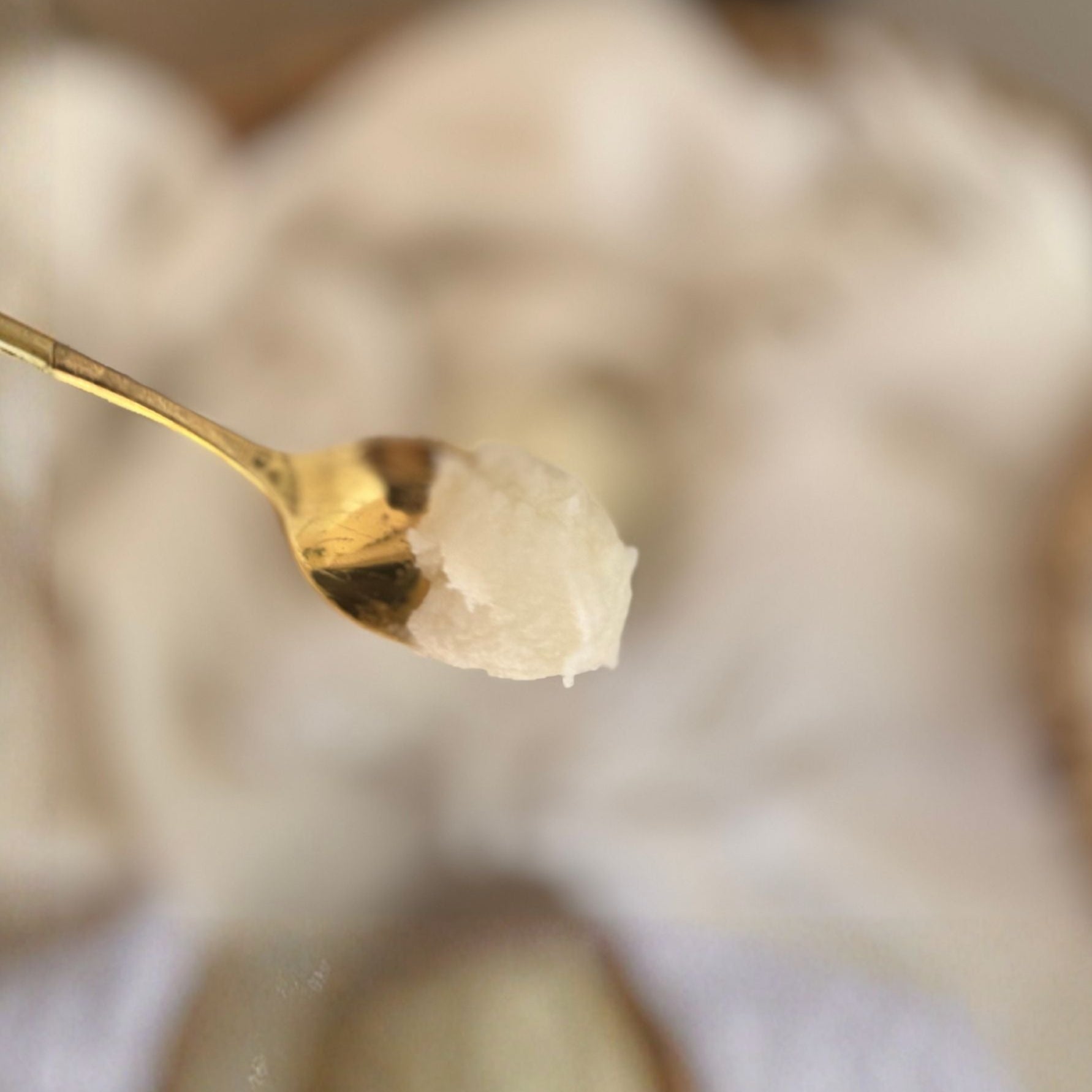 Gold spoon with a small scoop of creamy, white lip scrub on a soft fabric background.