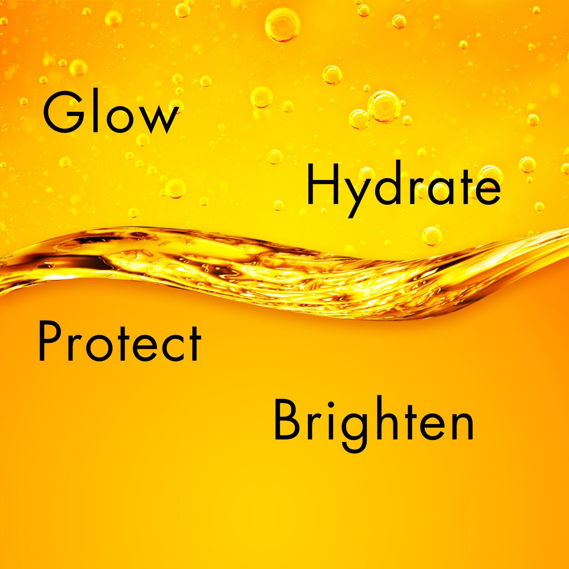 Effects of hydrating, anti aging oil product. Gold oils wiith text 'Glow', 'Hydrate', 'Protect', 'Brighten'. 