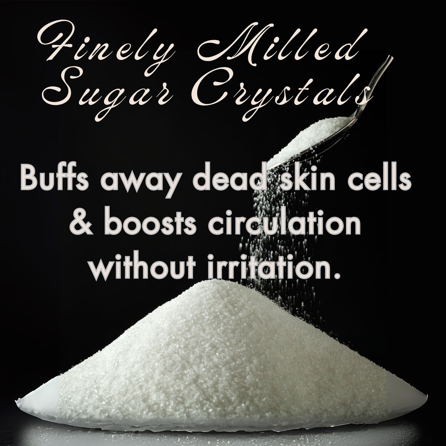 Finely milled white sugar crystals with a spoonful being sprinkled, on a black background. Text about buffing away dead skin and boosting circulation for creamy lip scrub.